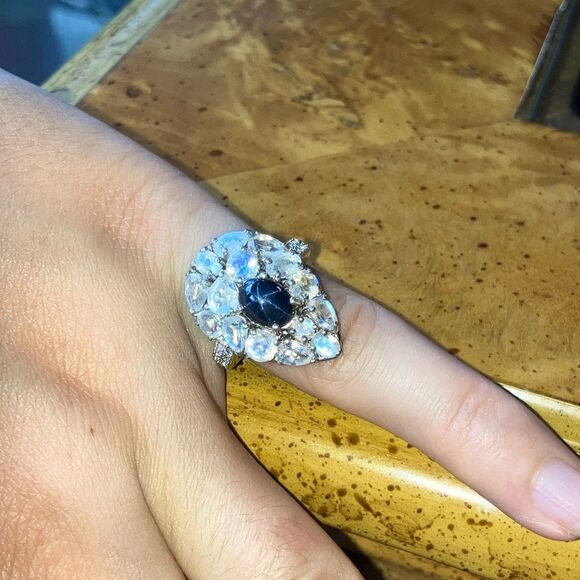 Natural Star Sapphire Rainbow Moonstone Sterling Silver Ring Size 5 - Picture 5 of 10